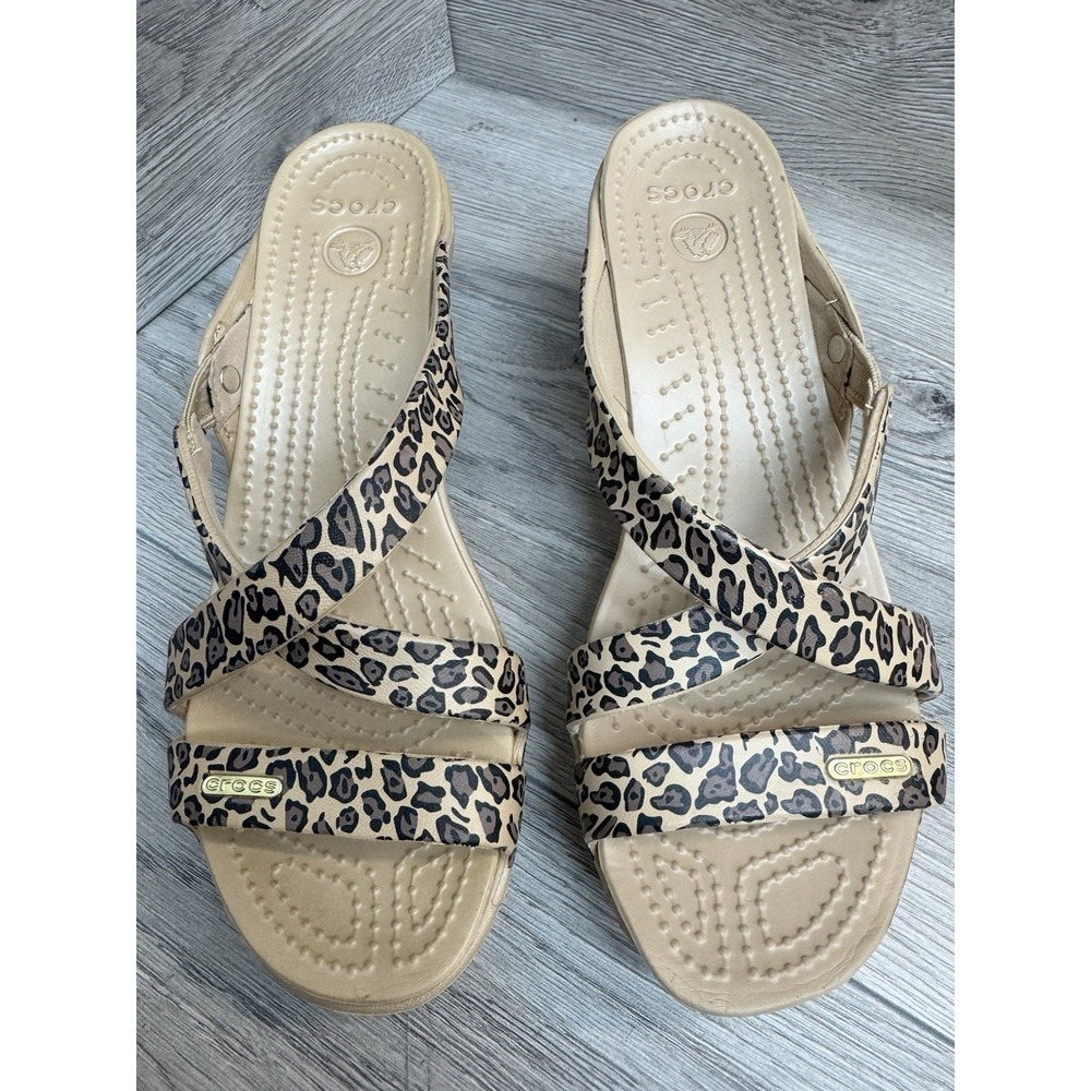 Crocs Women's Open Toe Cyprus Leopard Print Heel Slip On Sandals Size 7